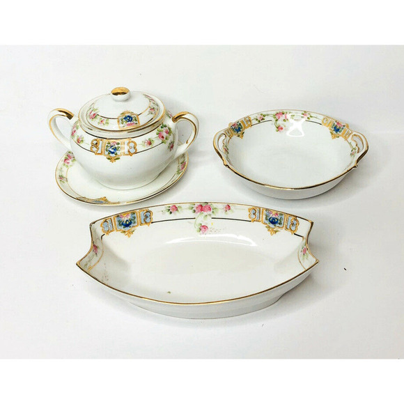 Vintage Nippon Hand Painted Blue Pink Floral Serving Dishes Sugar Bowl 4 Piece
